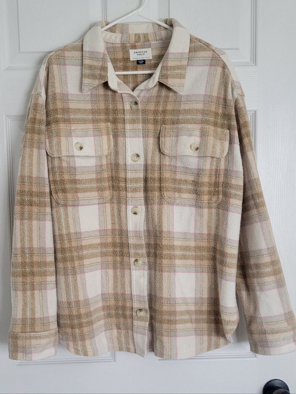 American Eagle Outfitters Beige And Pink Plaid Fleece Utility Shacket
